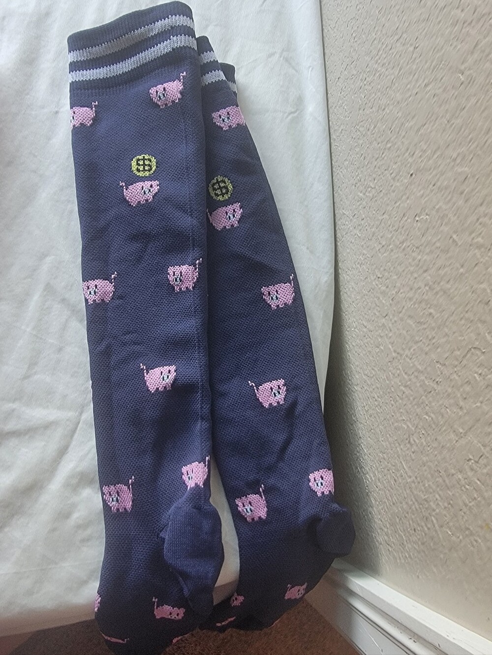 Navy Compression Socks with Pink Pig Print - Cute Animal Knee-Highs